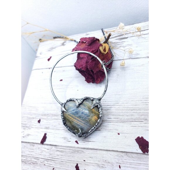 Labradorite Heart Crystal Necklace Handmade Gothic Fantasy Metalwork - Picture 7 of 12